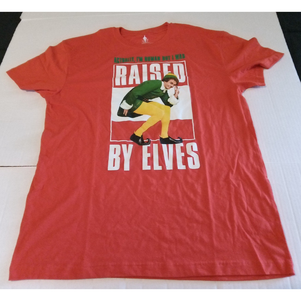 Elf Size XL Red Raised By Elves Christmas T-Shirt